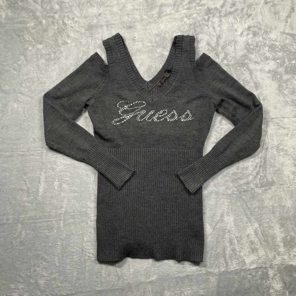 Guess Cold Shoulder Sweater Womens Gray Rhinestone Logo Ribbed Knit V-Neck Large